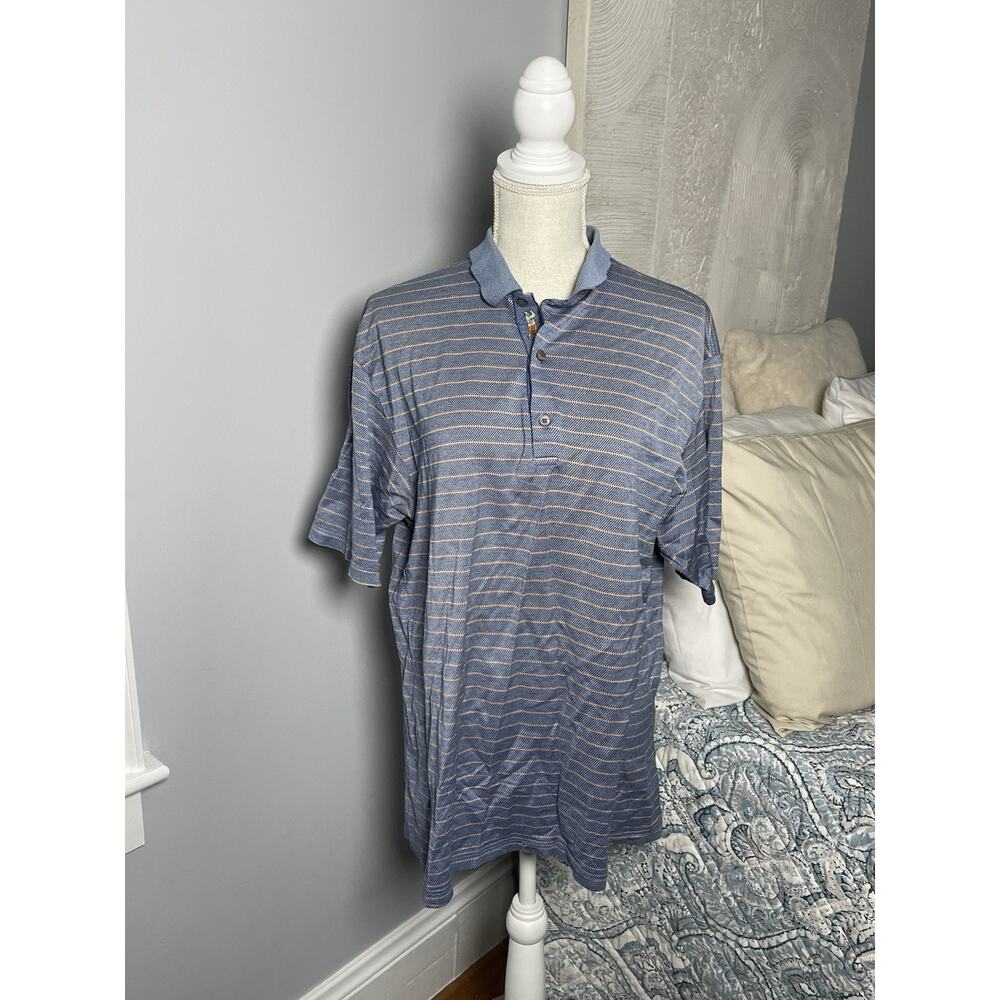 Bobby Jones Mens Polo Shirt Large Blue Stripes Golf Short Sleeve Cotton Knit